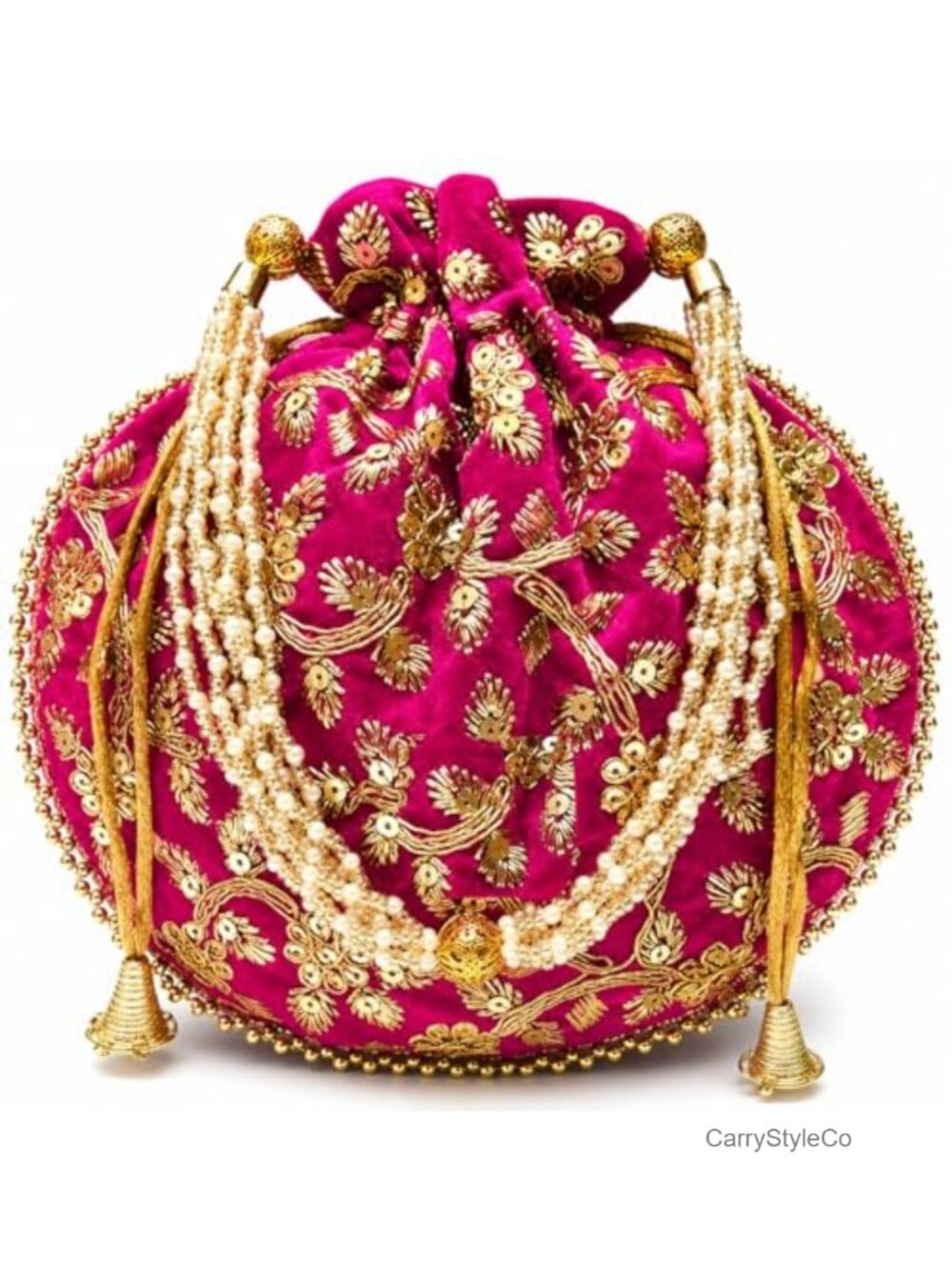 Velvet Embroidered Potli Bag Drawstring Pouch Pearl Handle Wedding Clutch